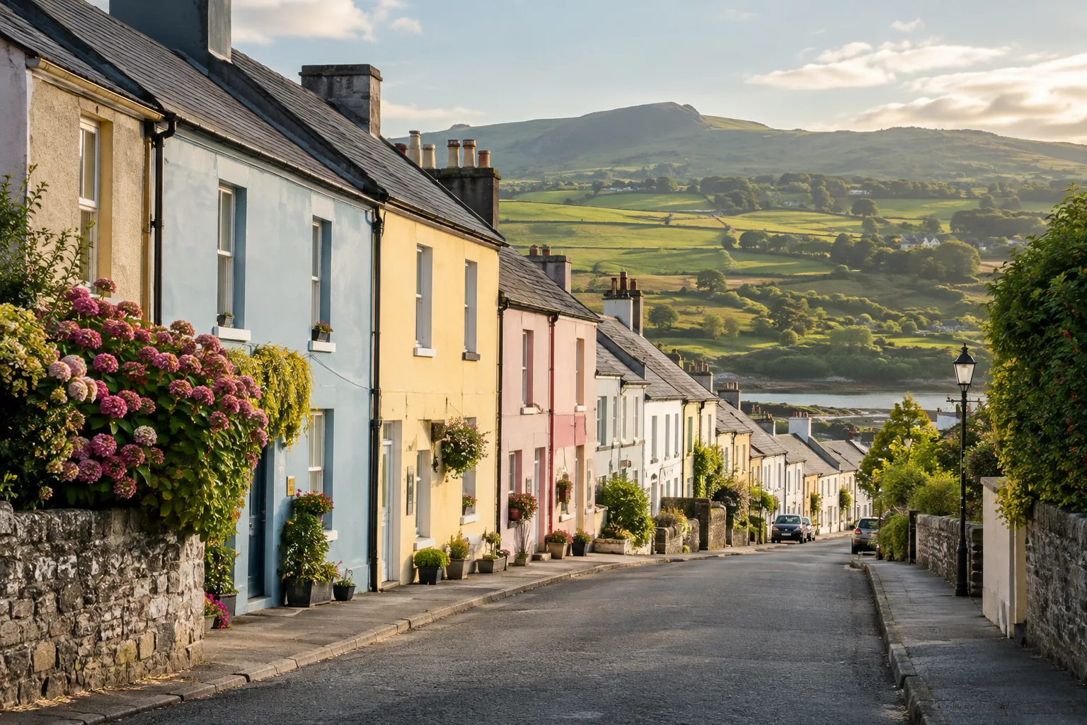 Illustrative view of a small Irish town with colourful houses and green hills