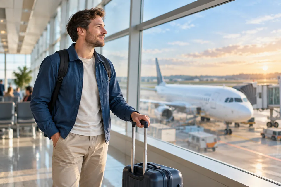 Illustrative view of a traveller at an airport after approval